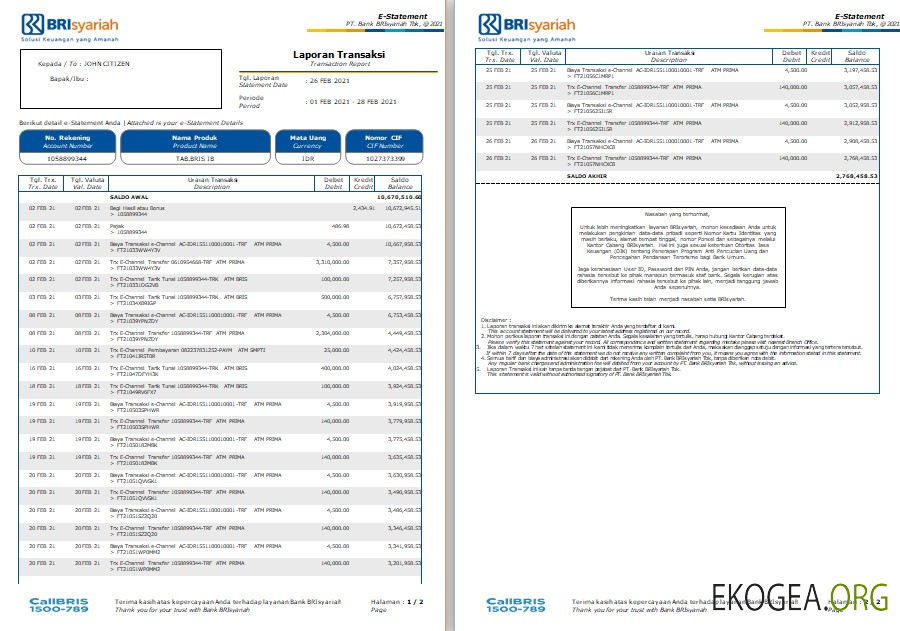 Modèle de relevé bancaire indonésien BRIsyariah, format Word et PDF, 2 pages